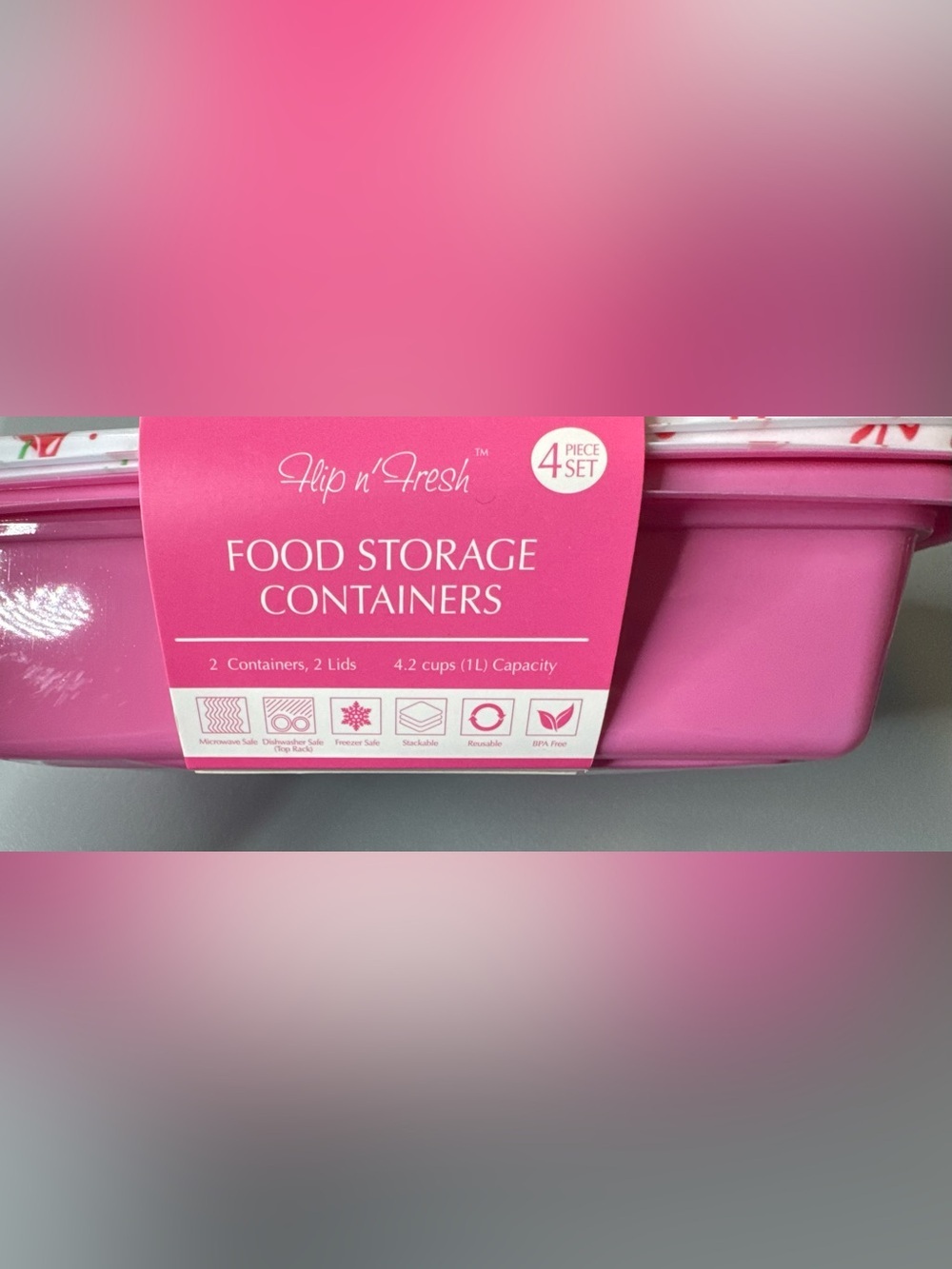 Flip n’ save Cherry Print Food Storage Containers pink & red 4pcs - Picture 2 of 2